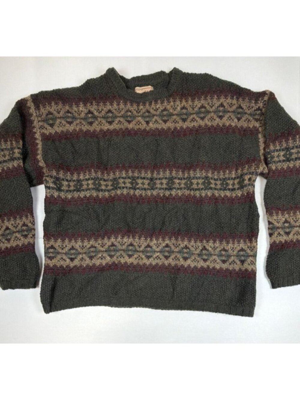 Vintage Woolrich Men XL Green Fair Isle Wool Blend Knit Sweater Made in USA